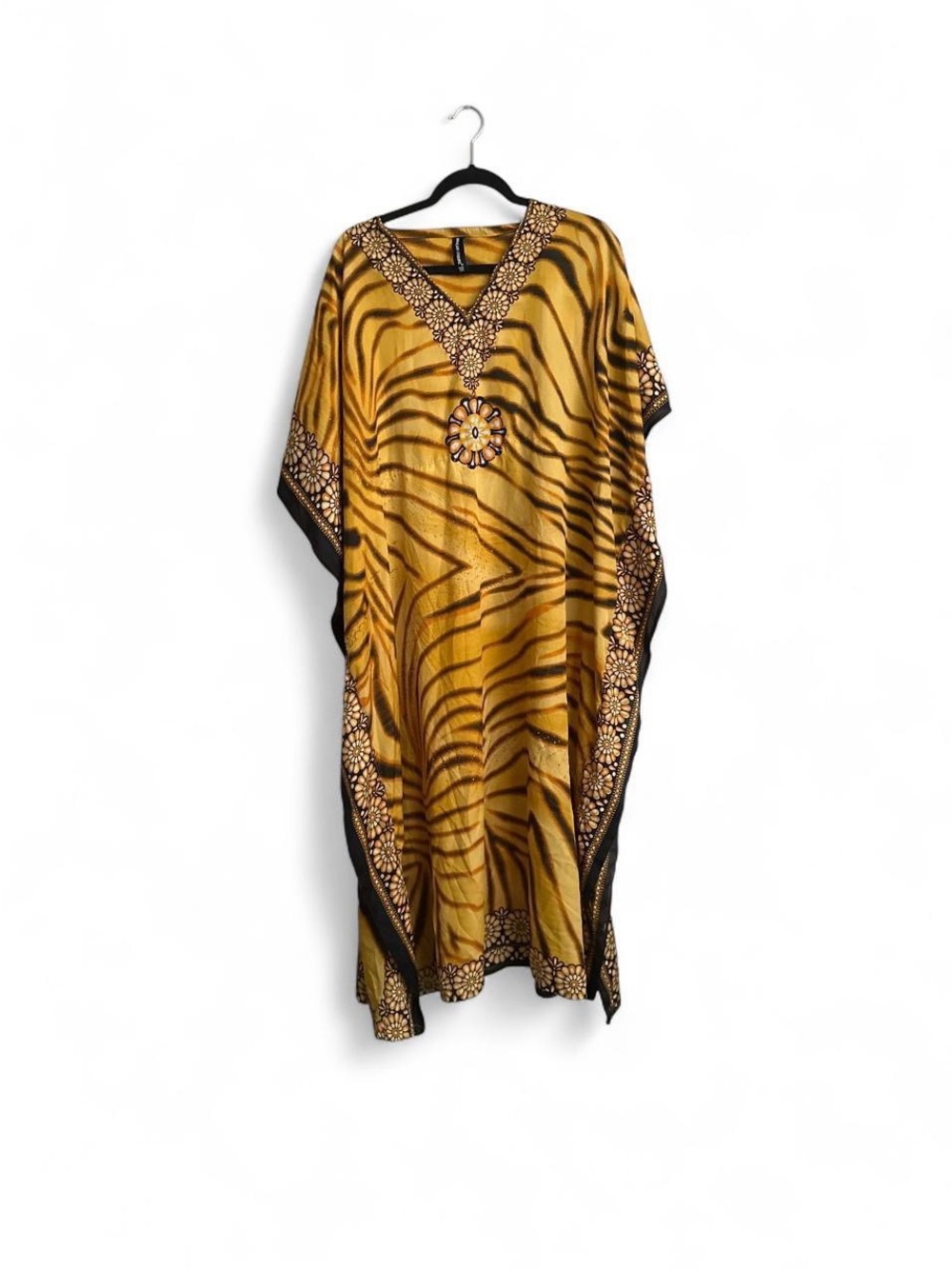 Gold Tiger-Print Kaftan Dress - Elegant Women's Cover-Up Size XL